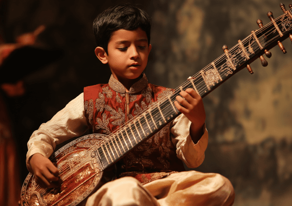 A young child playing sitar